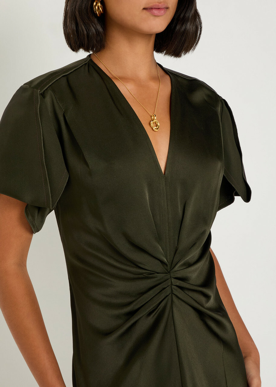 Victoria Beckham Bella Gathered Satin Midi Dress Olive