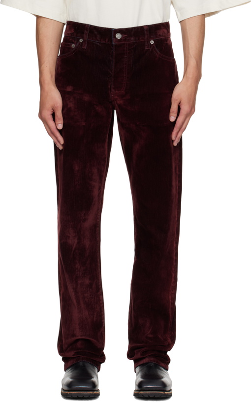 Photo: COÛT DE LA LIBERTÉ Burgundy Rafa Stretch Suede Denim Straight Leg Jeans