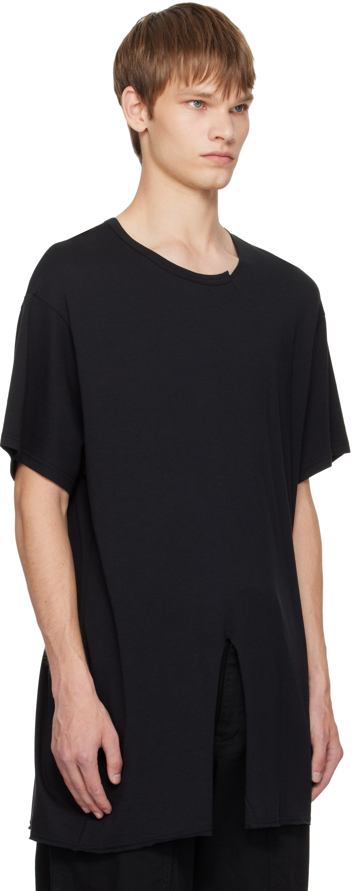 YOHJI YAMAMOTO Black Single Jersey Slit Round Neck T-shirt
