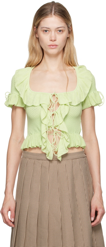 Photo: GUIZIO Green Ruffle Tie Cardigan