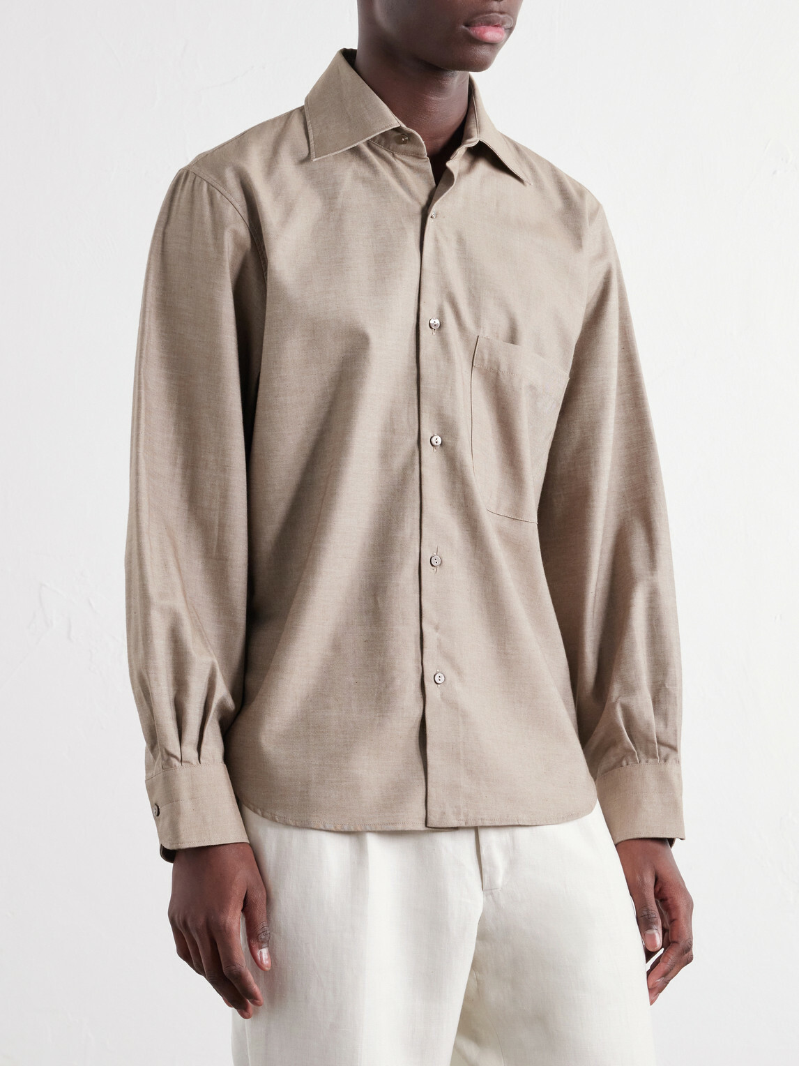 Stòffa - Spread-Collar Brushed Cotton Woven Shirt - Brown