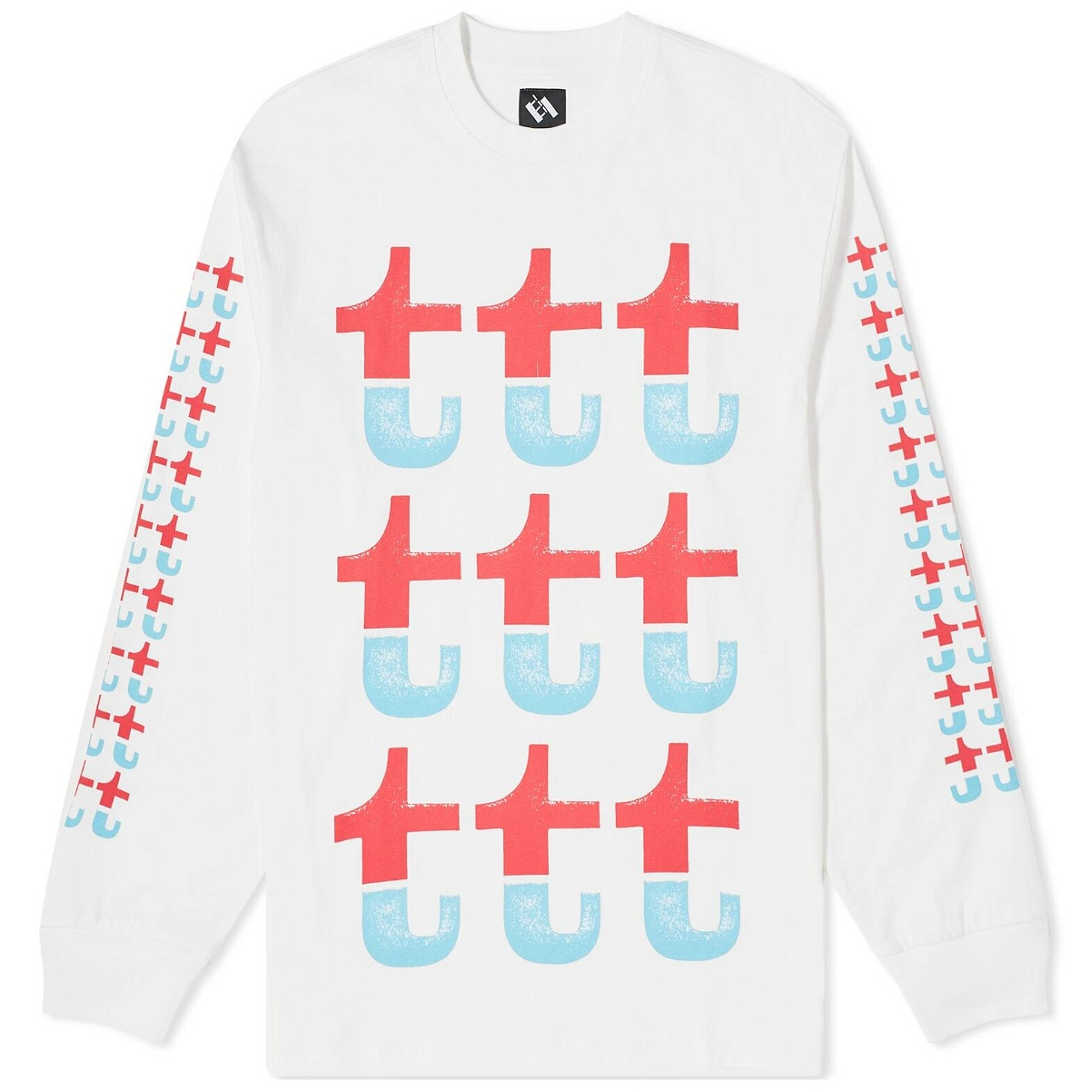 Photo: The Trilogy Tapes Men's Split Long Sleeve T-Shirt in Red/Blue
