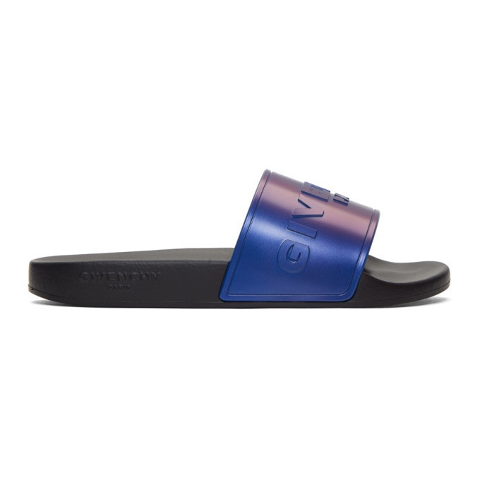 Photo: Givenchy Black and Blue Flat Slide Pool Slides