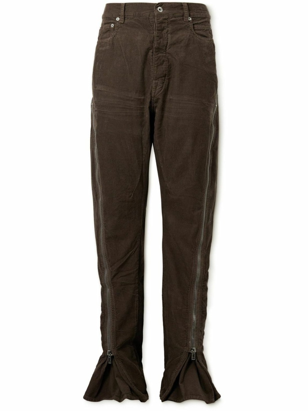 Photo: DRKSHDW by Rick Owens - Bolan Banana Slim-Fit Flared Zip-Embellished Cotton-Corduroy Trousers - Brown