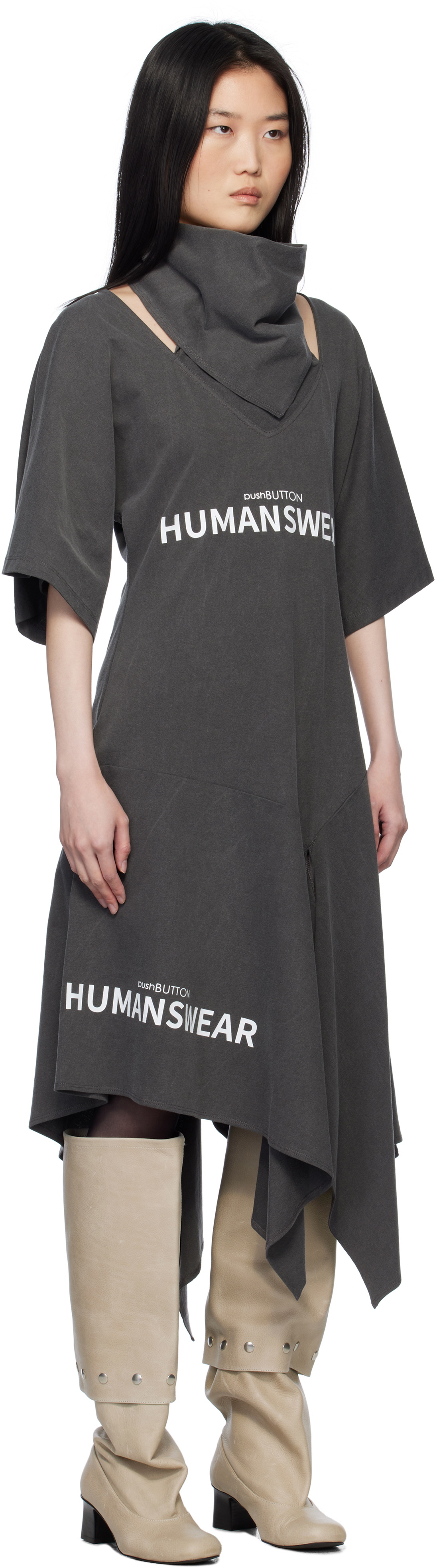 Pushbutton Gray Scarf Midi Dress