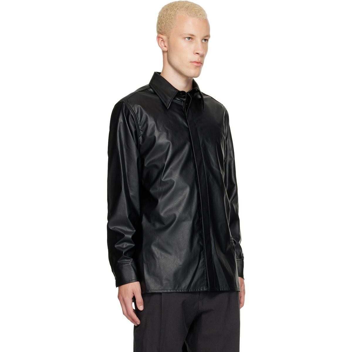MM6 Maison Margiela Black Long-Sleeved Faux-Leather Shirt