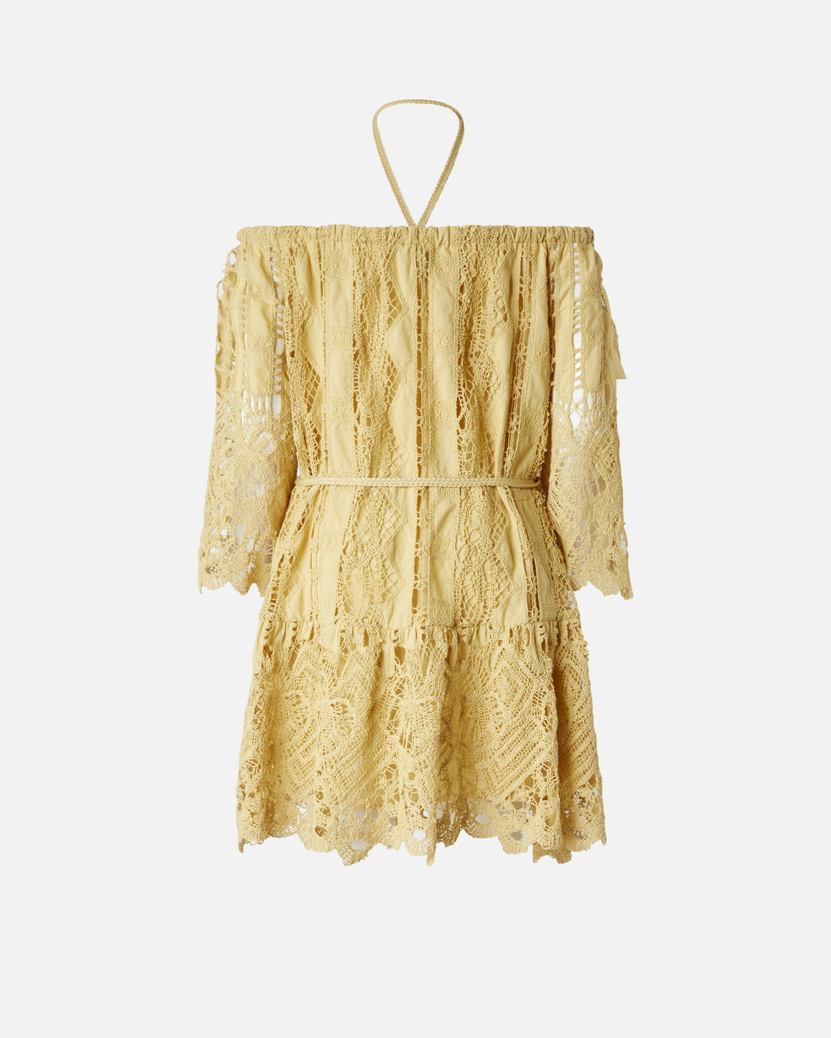 Pinko Open Shoulder Mini Dress With Openwork Rattan Yellow