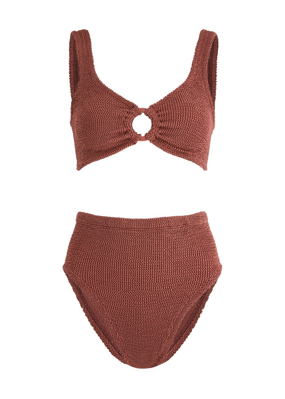 Photo: Hunza G - Nadine Cut-Out Seersucker Bikini, Rose, One Size, V-Neck, Cut-Out Ring Detail, High Rise, Elasticated, Machine Wash, Nadine Bikini Hunza G