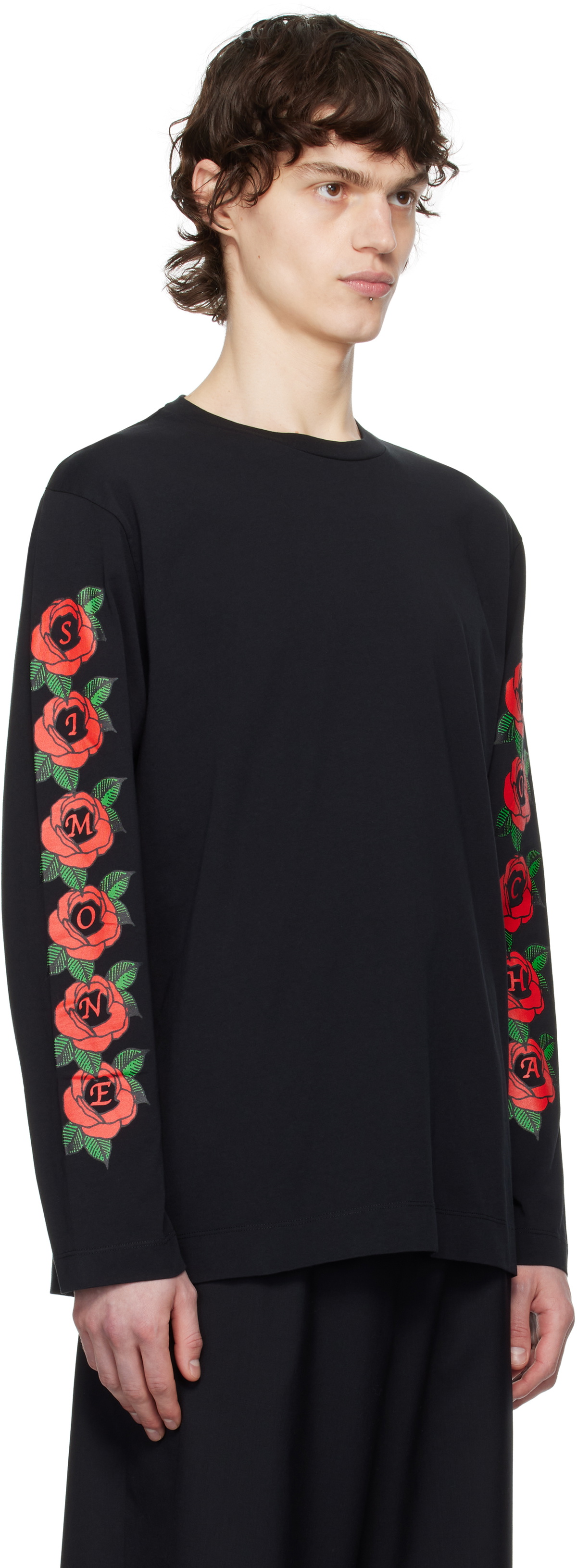 Simone Rocha Black Cluster Rose Logo Print Long Sleeve T