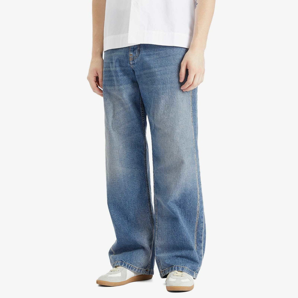 Palm Angels Men's Curved Logo Loose Jeans in Light Blue