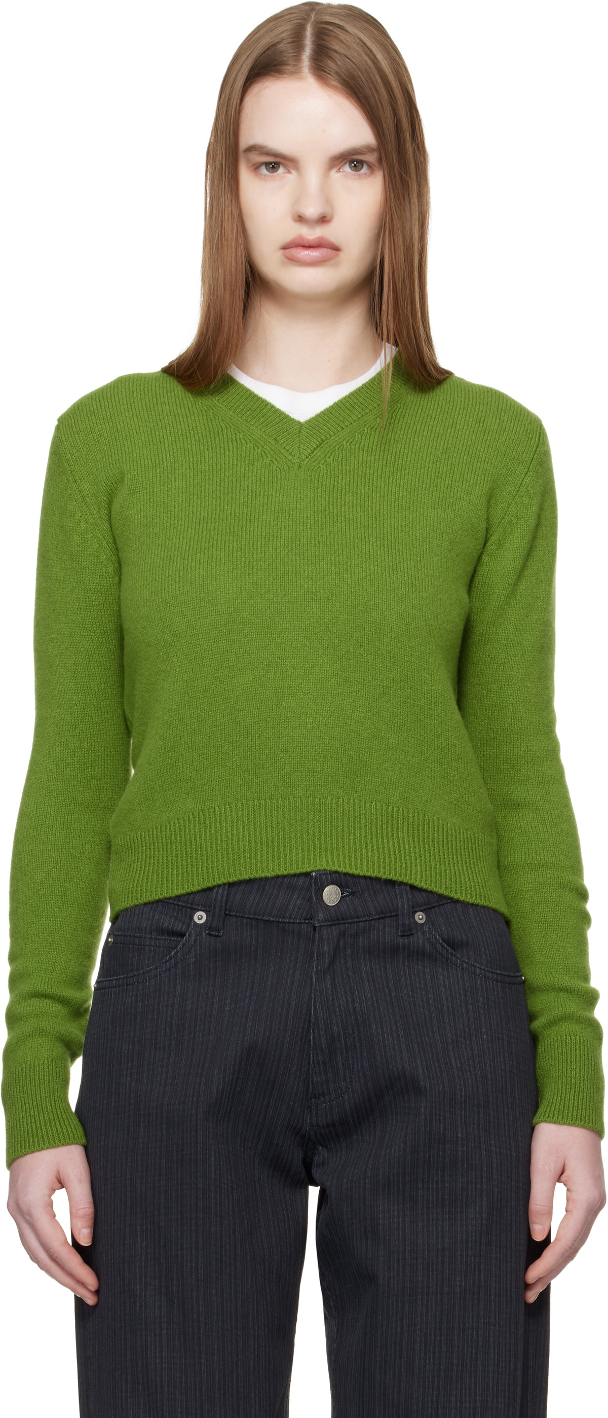 &Daughter Green Sligo Shrunken V-Neck Sweater