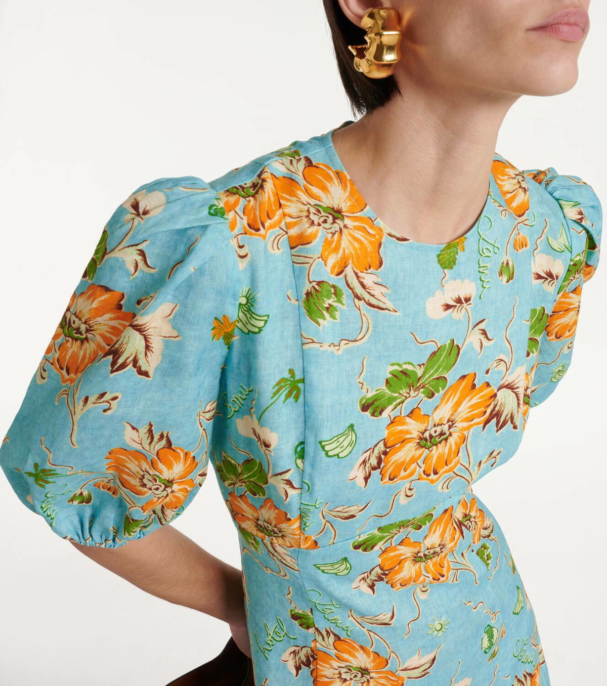 Almais Floral puff-sleeve linen midi dress ALMAIS