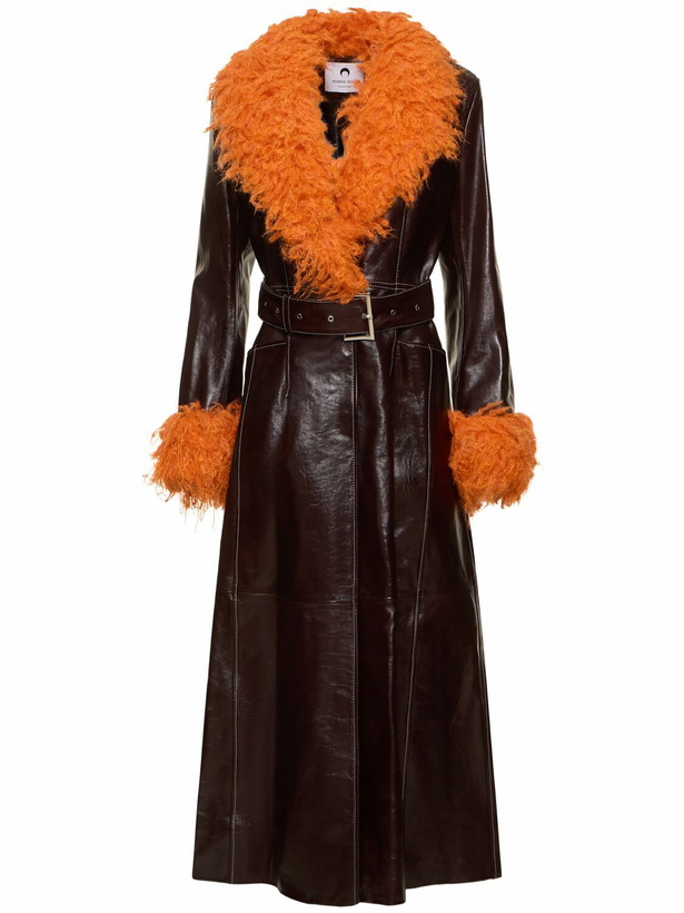 Photo: MARINE SERRE Embossed Leather Long Trench Coat with belt