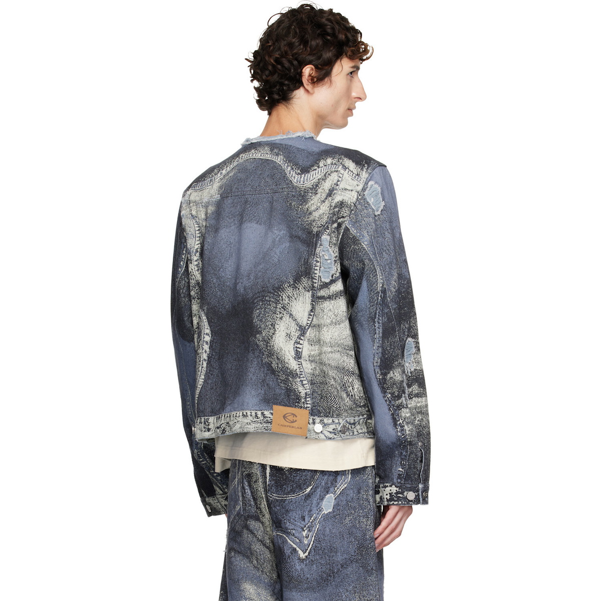 CAMPERLAB Blue Distorted Print Distressed Denim Jacket