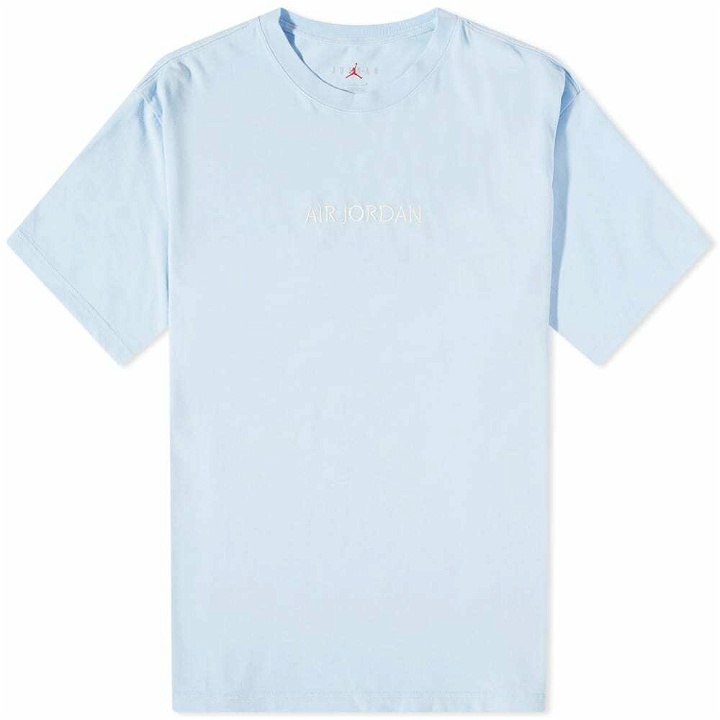 Photo: Air Jordan Men's Wordmark Logo T-Shirt in Ice Blue/Sail