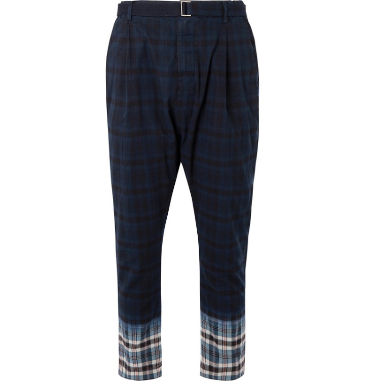 Photo: Sacai - Belted Pleated Checked Madras Cotton Trousers - Blue