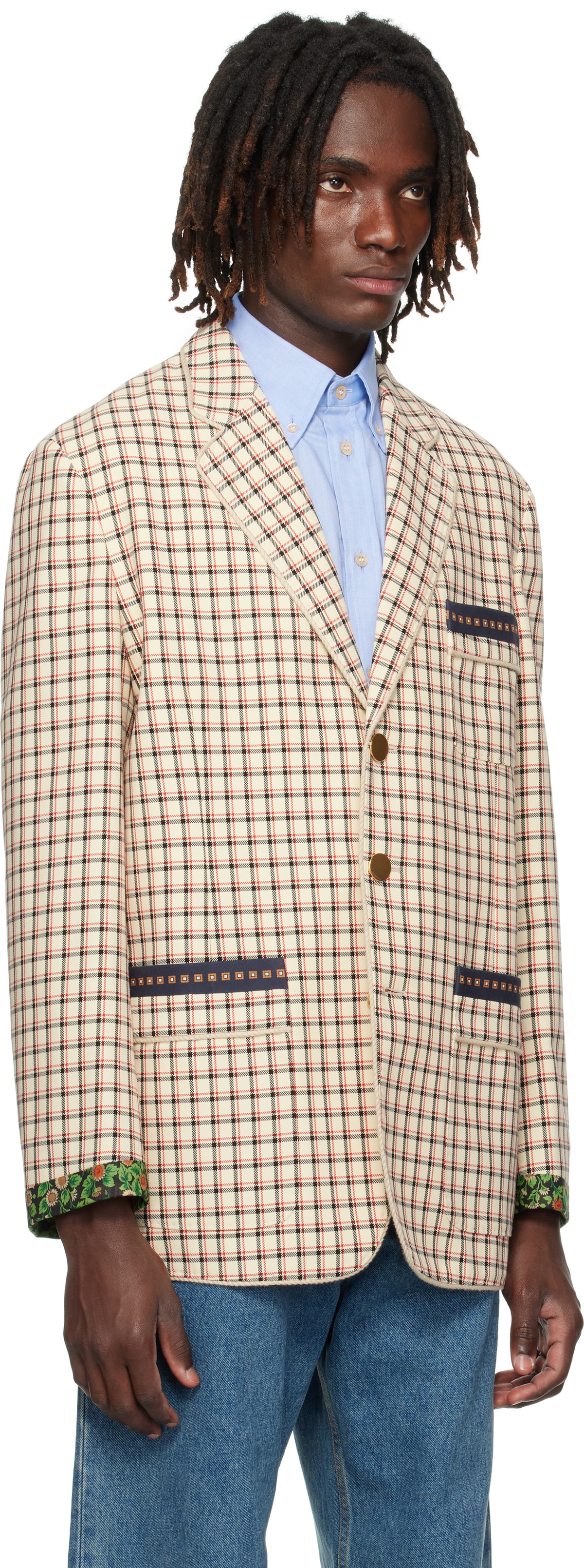 Valentino Beige Check Pattern Single-Breasted Cotton Blazer