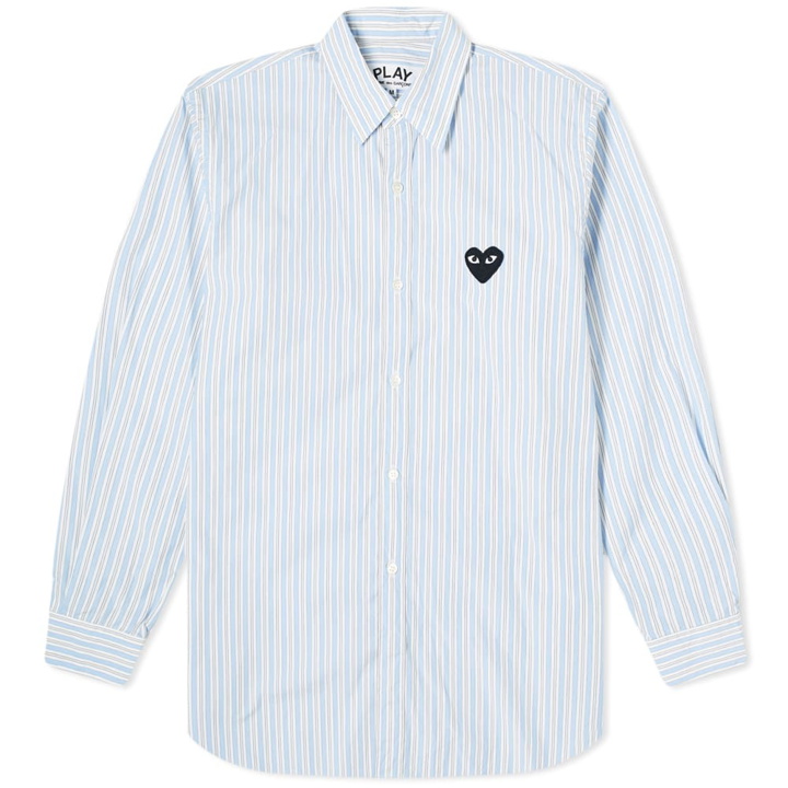 Photo: Comme des Garçons Play Men's Black Heart Multi Stripe Shirt in Light Blue/White/Grey