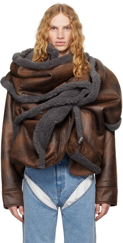 Photo: Y/Project Brown & Gray Snap Off Panel Hood Aviator Faux-Leather Jacket