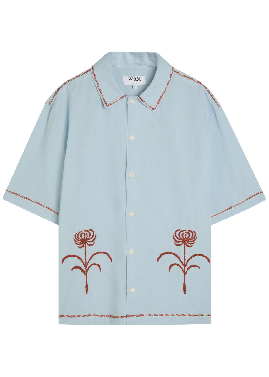 Wax London Keats Embroidered Cotton and Linen-blend Shirt Blue