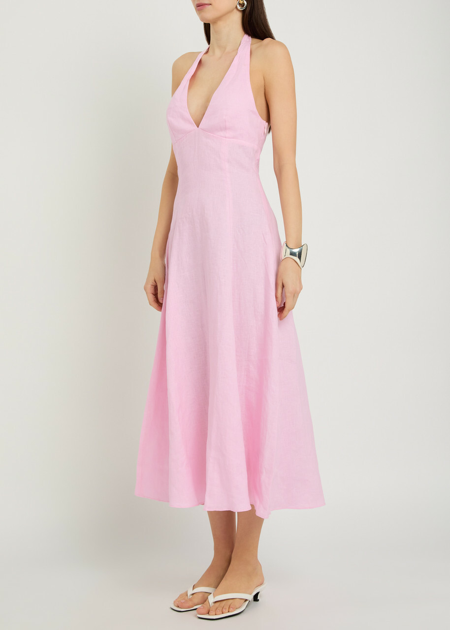 Faithfull The Brand Marais Halterneck Linen Midi Dress Pink