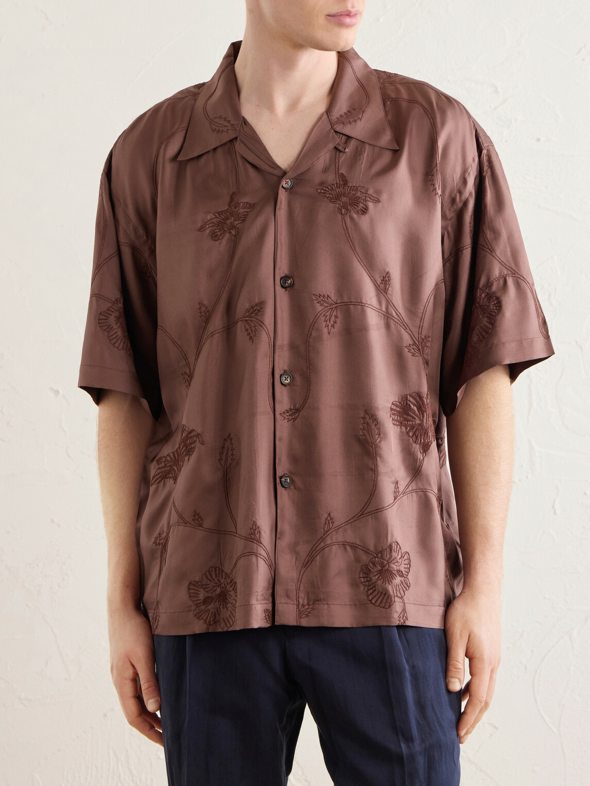 Kardo - Rohit Convertible-Collar Floral-Embroidered Silk-Satin Shirt - Brown