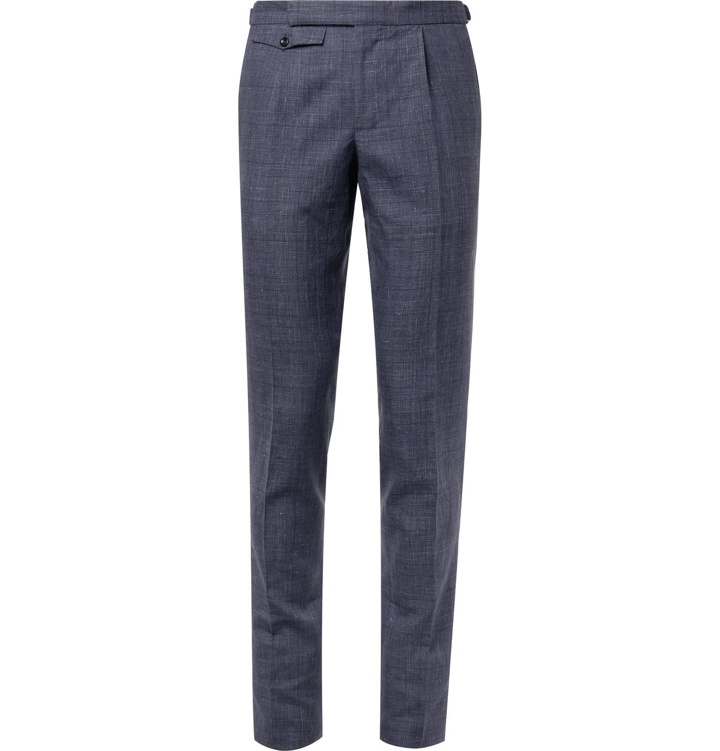 Photo: Incotex - Slim-Fit Puppytooth Linen and Wool-Blend Trousers - Blue