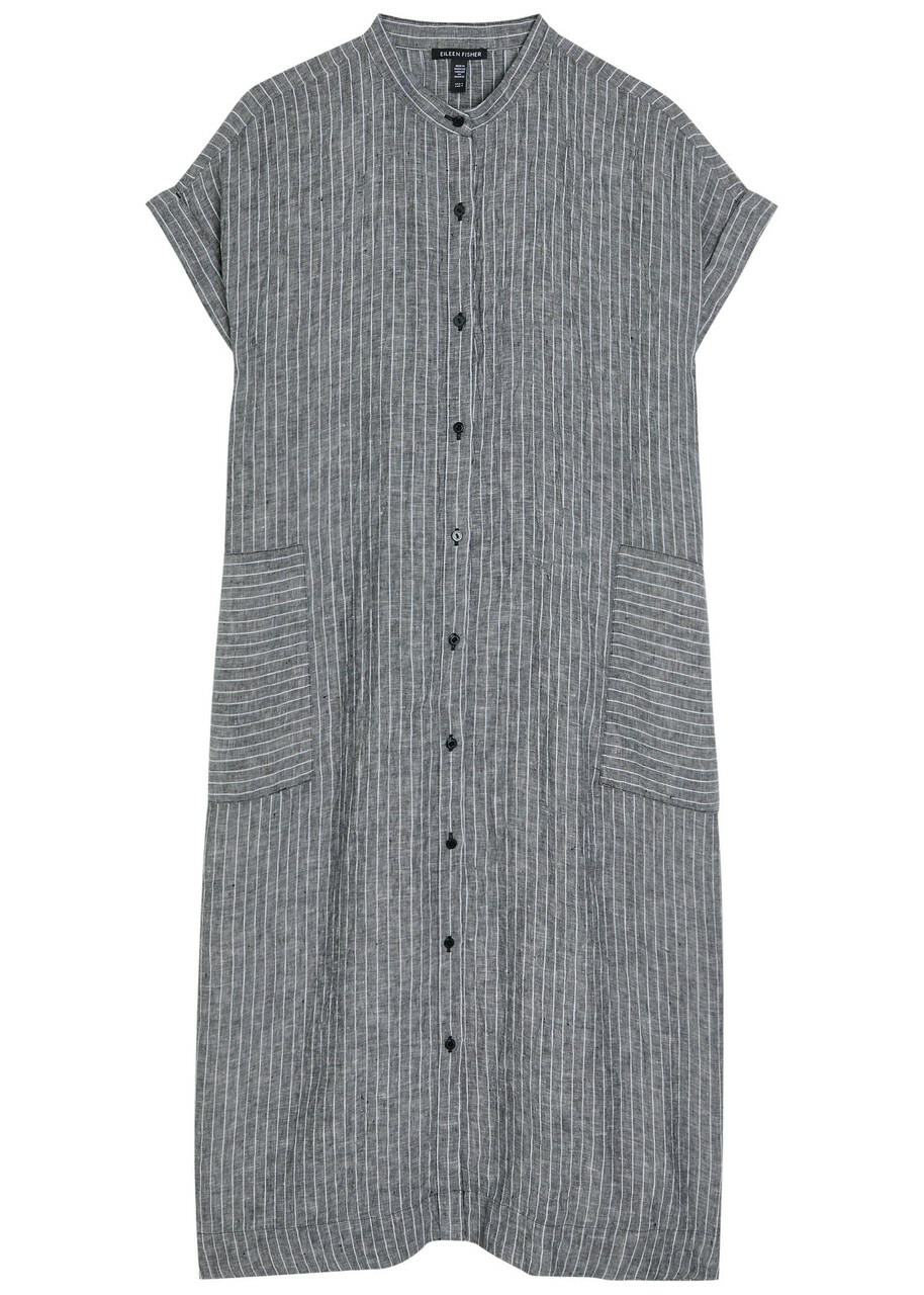 Eileen Fisher Striped Linen Midi Shirt Dress Black And White