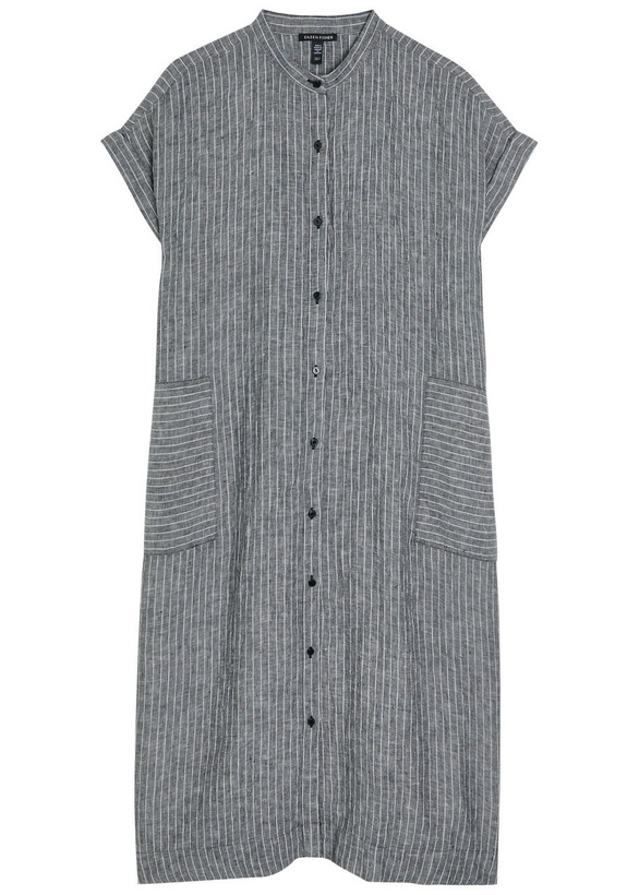 Photo: Eileen Fisher Striped Linen Midi Shirt Dress Black And White