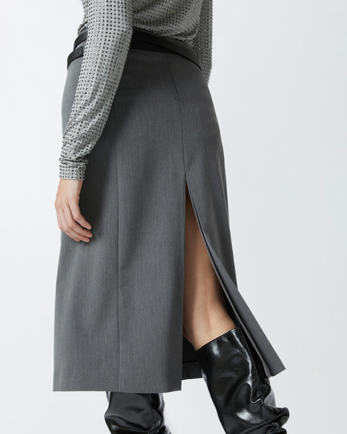 Pinko Tailored Midi Skirt With Slit And Pleating Excalibur Grey Pinko
