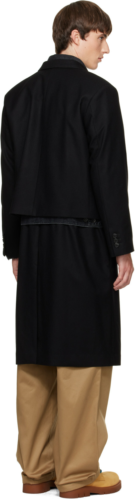sacai Black Wool Flannel x Denim Coat