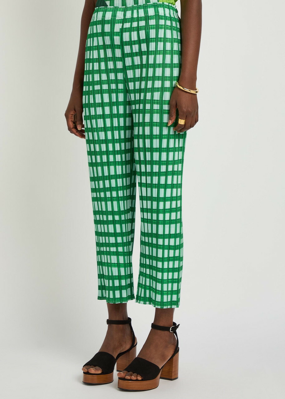 Pleats Please Issey Miyake Gingham Pleated Straight-leg Woven Cropped Trousers Green