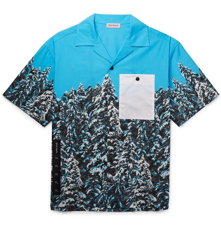Photo: Palm Angels - Camp-Collar Printed Cotton-Poplin Shirt - Blue