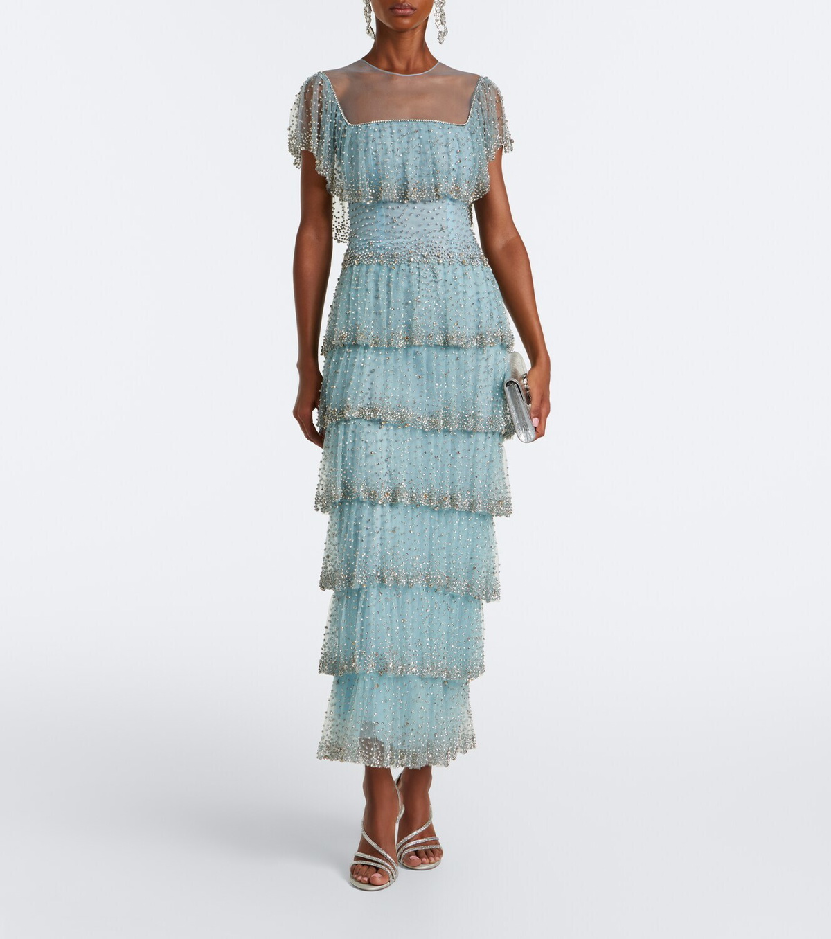 Costarellos Crystal-embellished tiered mesh gown