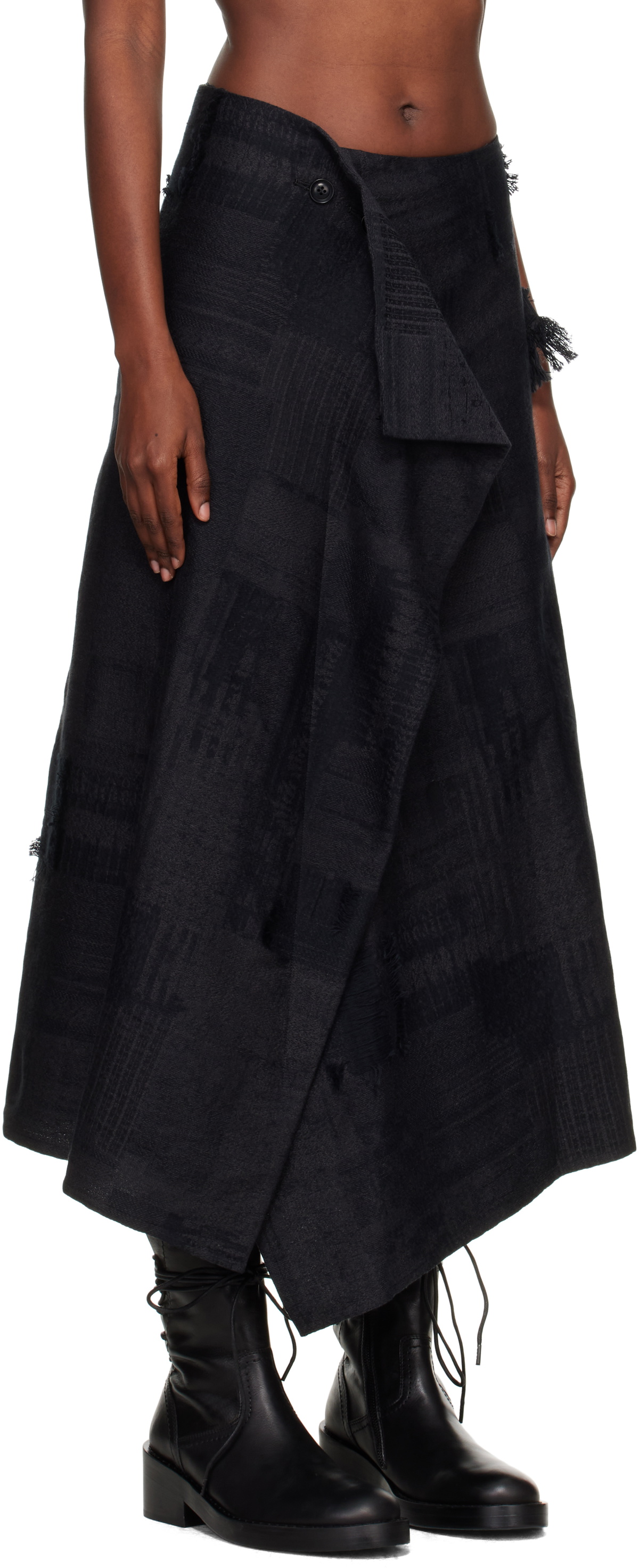 Y's Black O-Wrap-Like Flare Maxi Skirt