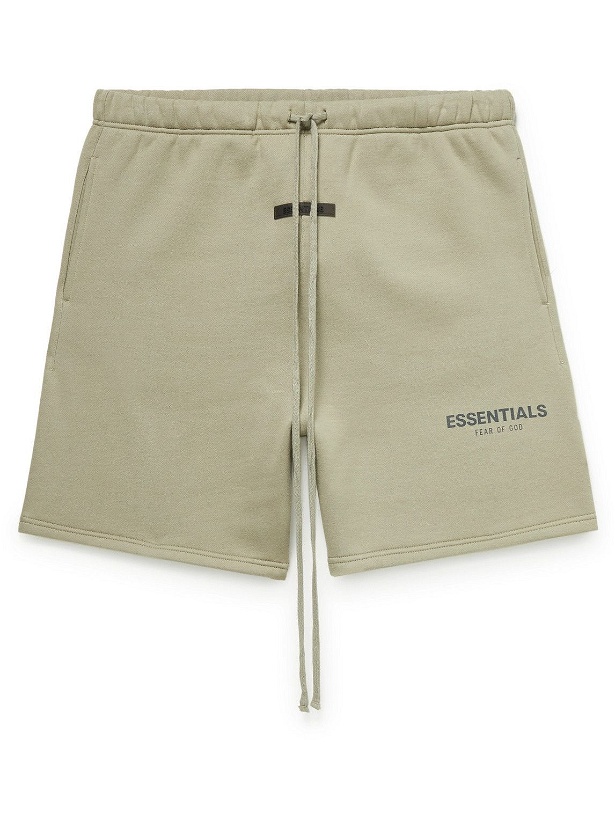Photo: Fear of God Essentials - Wide-Leg Logo-Print Cotton-Blend Jersey Drawstring Shorts - Green