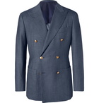 Beams F - Indigo Slim-Fit Double-Breasted Mélange Wool, Silk and Linen-Blend Denim Blazer - Men - Blue