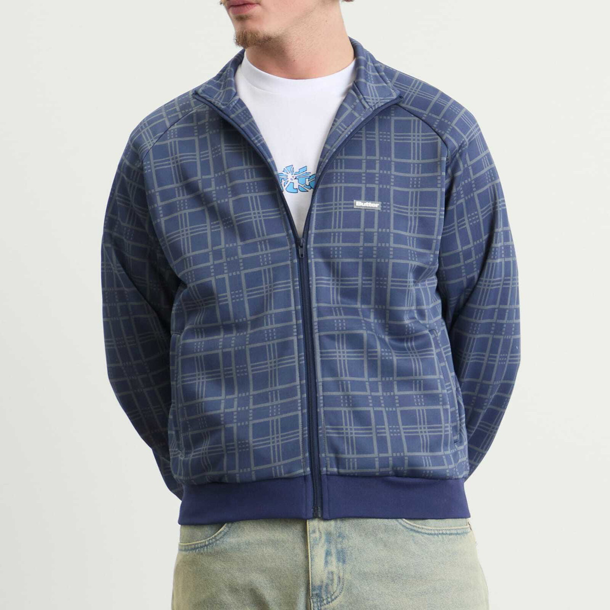 Butter Goods Men's Tricot Track Jacket in Navy Plaid