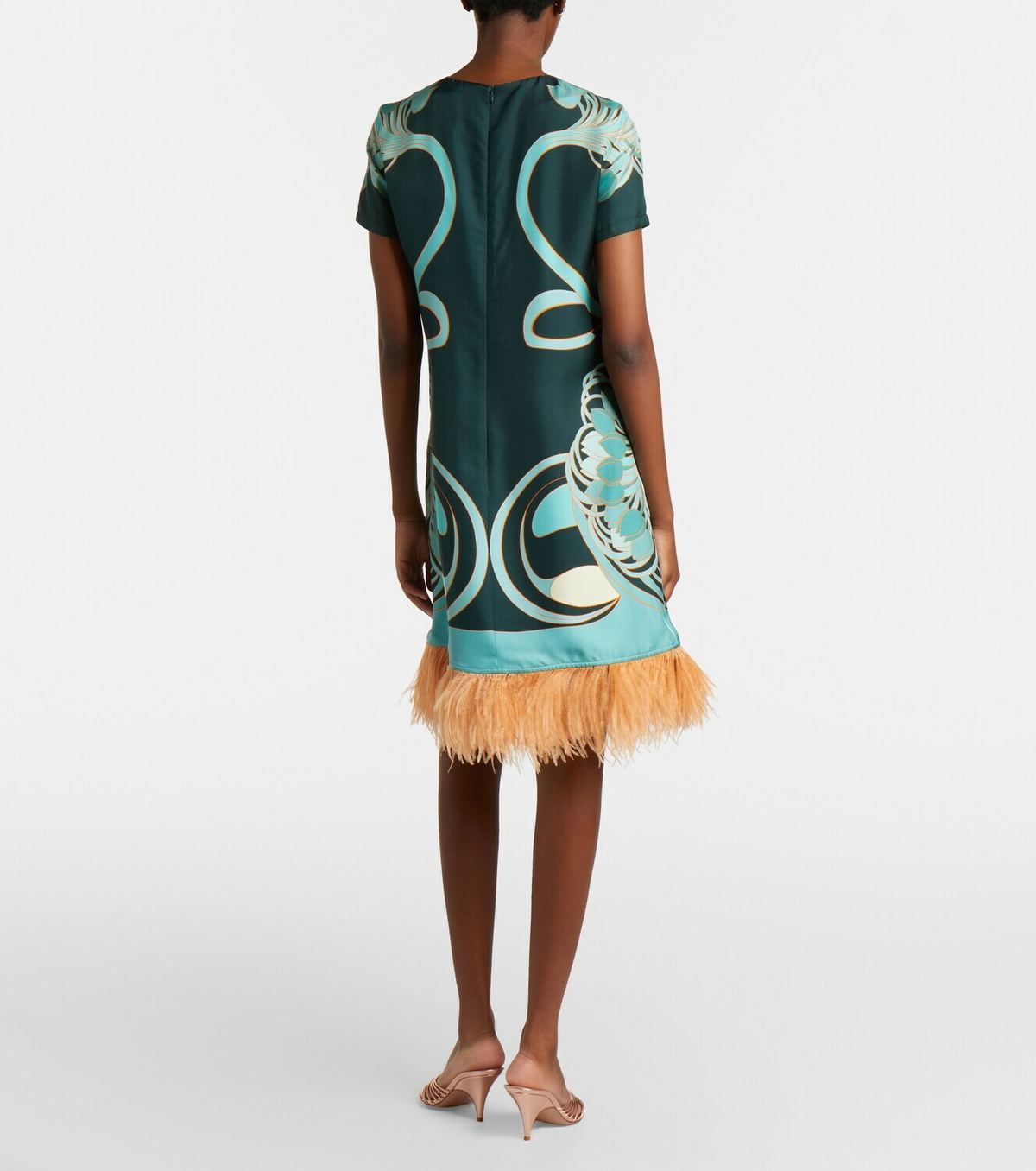 La DoubleJ Swing feather-trimmed floral silk twill minidress