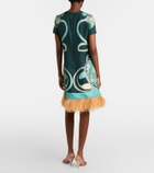 La DoubleJ Swing feather-trimmed floral silk twill minidress