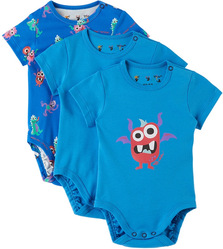 Photo: Off-White Baby Three-Pack Blue Monster Bodysuits