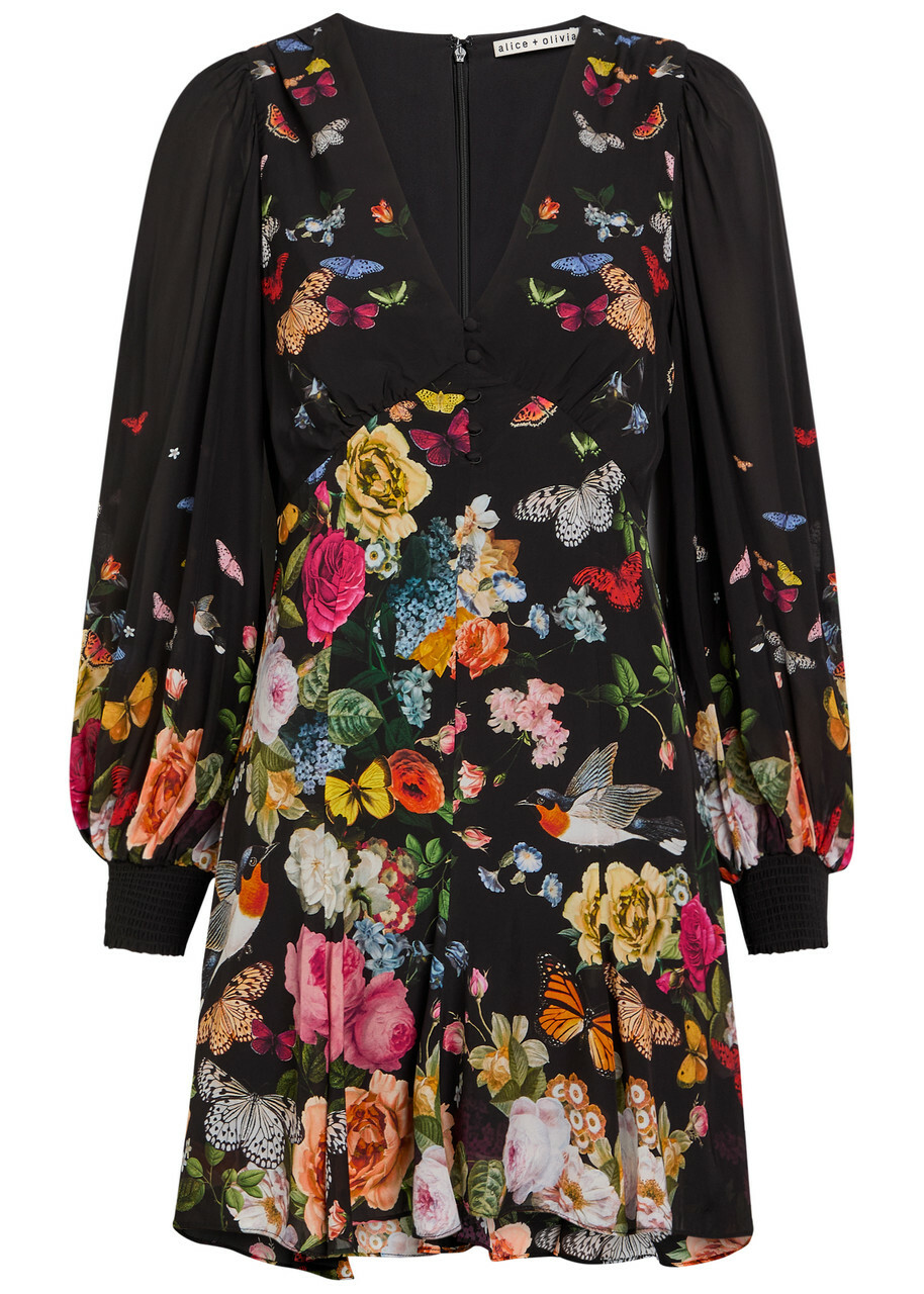 Alice + Olivia Irene Empire Waist Printed Woven Mini Dress Black