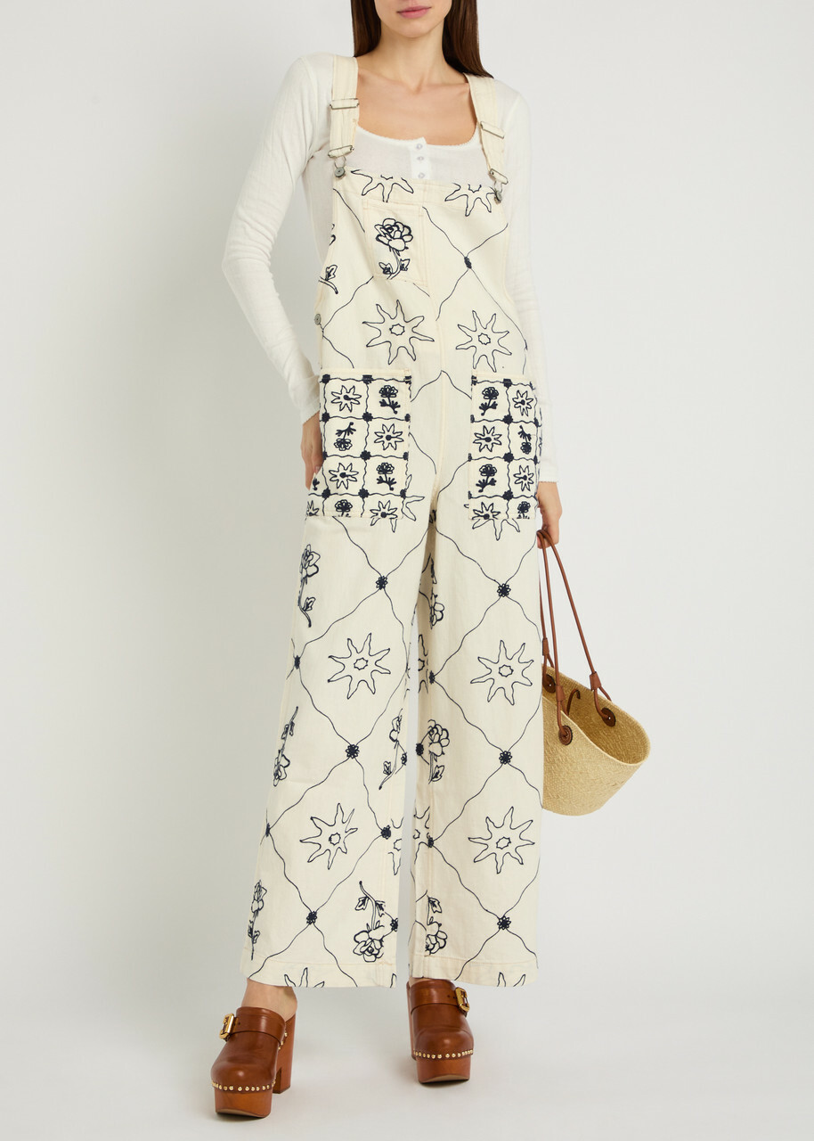 Free People Rising Sun Embroidered Denim Overalls White