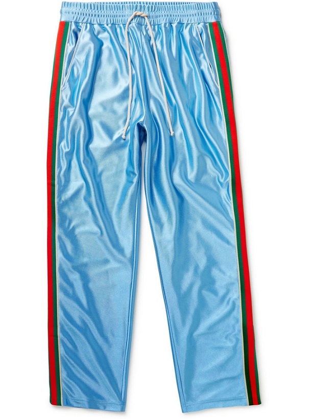 Photo: Gucci - Tapered Webbing-Trimmed Satin-Jersey Track Pants - Blue