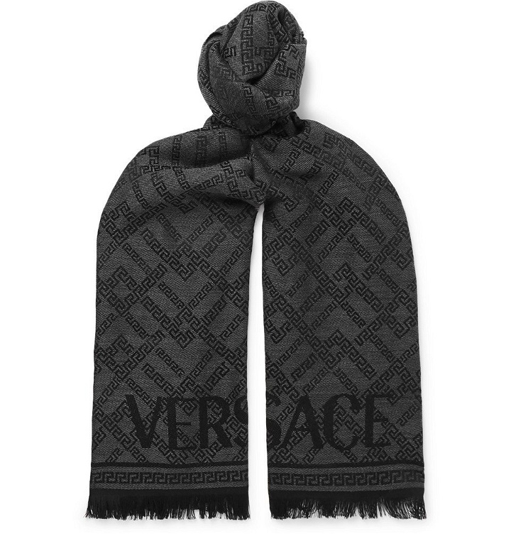 Photo: Versace - Fringed Logo-Intarsia Wool Scarf - Men - Black