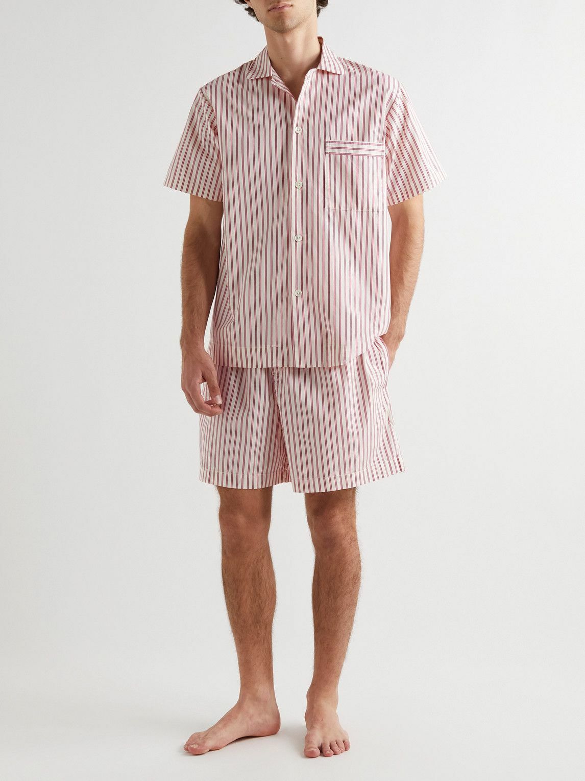 TEKLA - Striped Organic Cotton-Poplin Pyjama Shorts - Red Tekla Fabrics