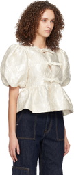 GANNI White Satin Peplum Tie Blouse