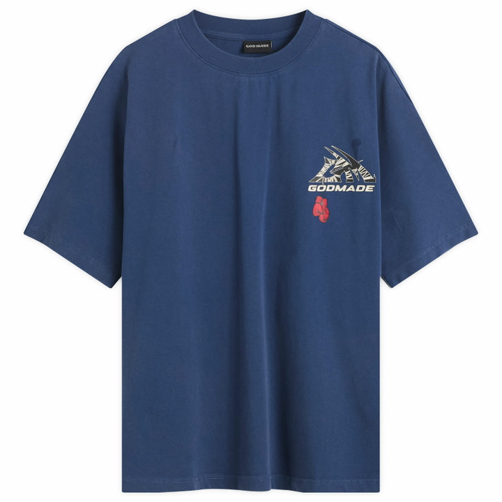 Photo: God Made Men's GM Logo Wrapped T-Shirt in Washed Blue