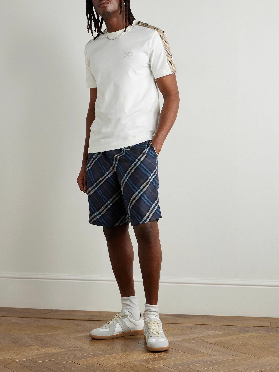 Burberry - Straight-Leg Checked Mulberry Silk-Satin Shorts - Blue