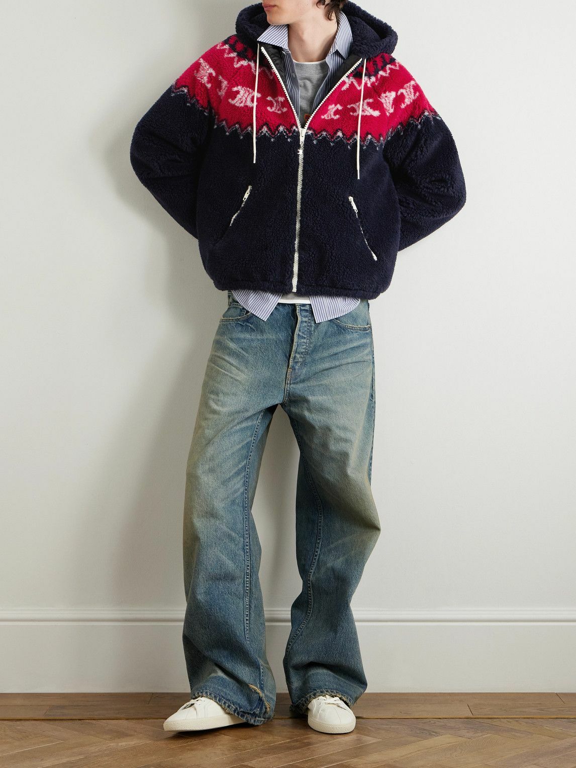 CELINE - Fair Isle Fleece Zip-Up Hoodie - Blue